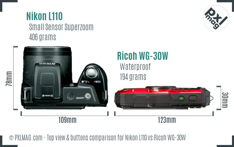 Nikon L110 vs Ricoh WG-30W top view buttons comparison Nikon L110 vs Ricoh WG-30W top view buttons comparison