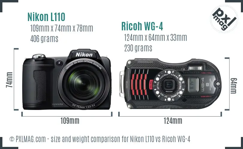 Nikon L110 vs Ricoh WG-4 size comparison