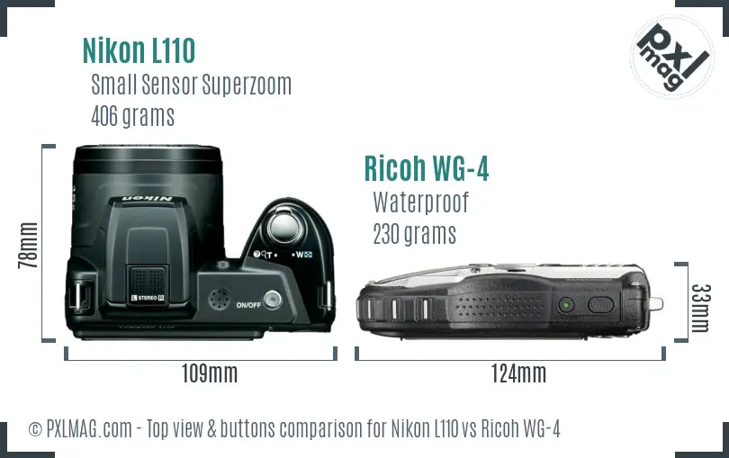 Nikon L110 vs Ricoh WG-4 top view buttons comparison