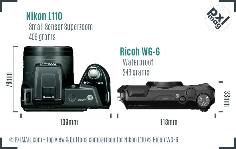 Nikon L110 vs Ricoh WG-6 top view buttons comparison Nikon L110 vs Ricoh WG-6 top view buttons comparison