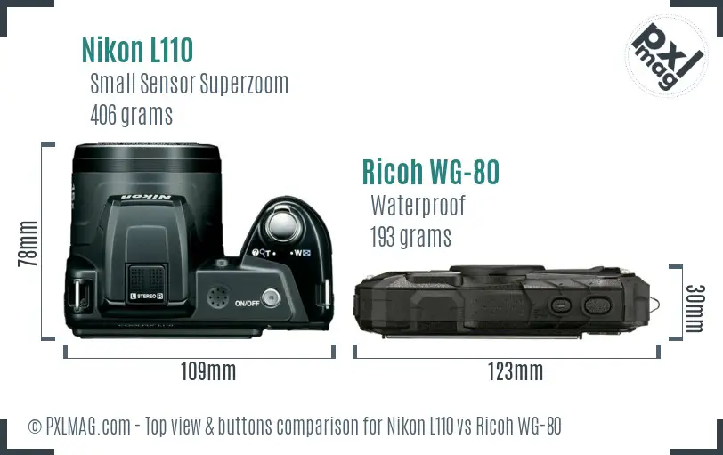 Nikon L110 vs Ricoh WG-80 top view buttons comparison