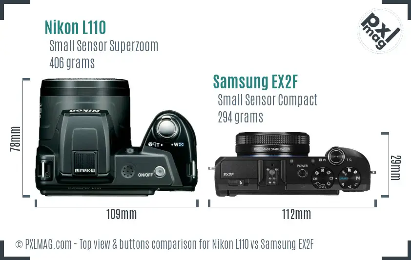 Nikon L110 vs Samsung EX2F top view buttons comparison Nikon L110 vs Samsung EX2F top view buttons comparison
