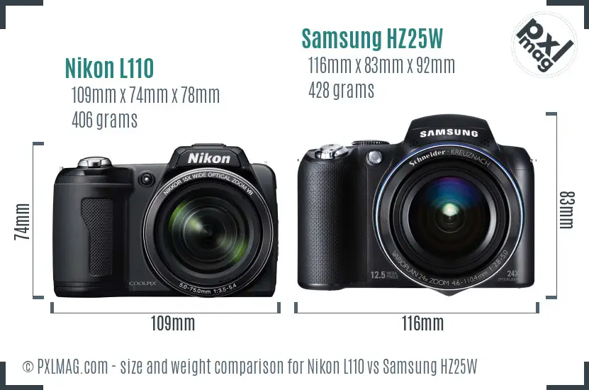 Nikon L110 vs Samsung HZ25W size comparison Nikon L110 vs Samsung HZ25W size comparison