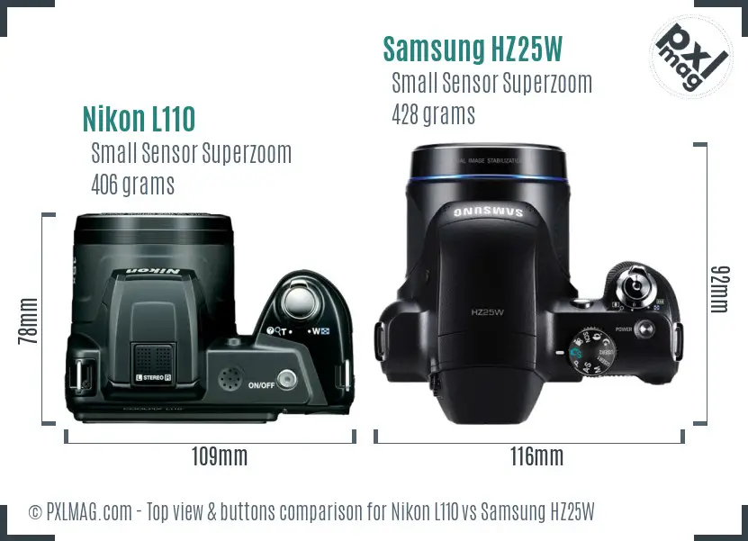 Nikon L110 vs Samsung HZ25W top view buttons comparison Nikon L110 vs Samsung HZ25W top view buttons comparison