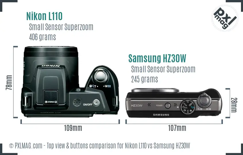 Nikon L110 vs Samsung HZ30W top view buttons comparison Nikon L110 vs Samsung HZ30W top view buttons comparison