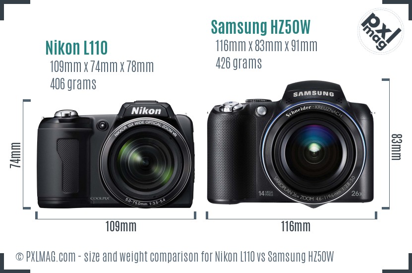 Nikon L110 vs Samsung HZ50W size comparison Nikon L110 vs Samsung HZ50W size comparison