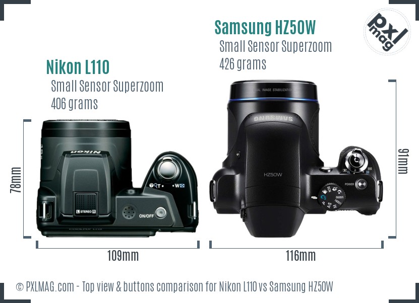Nikon L110 vs Samsung HZ50W top view buttons comparison