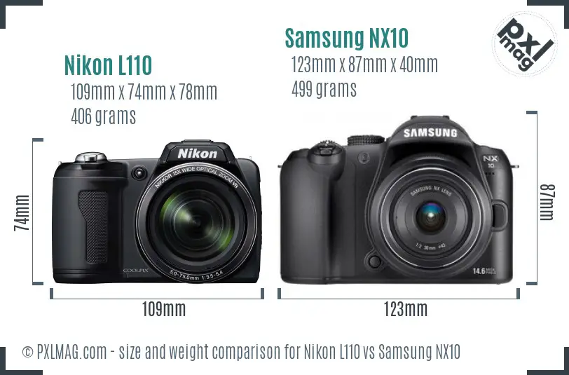 Nikon L110 vs Samsung NX10 size comparison