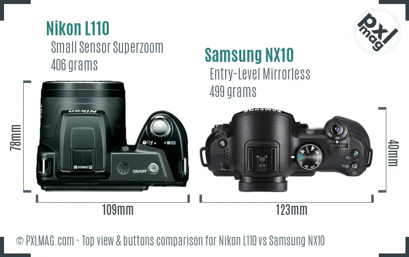 Nikon L110 vs Samsung NX10 top view buttons comparison