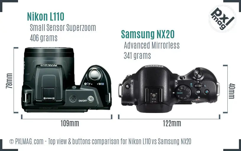Nikon L110 vs Samsung NX20 top view buttons comparison
