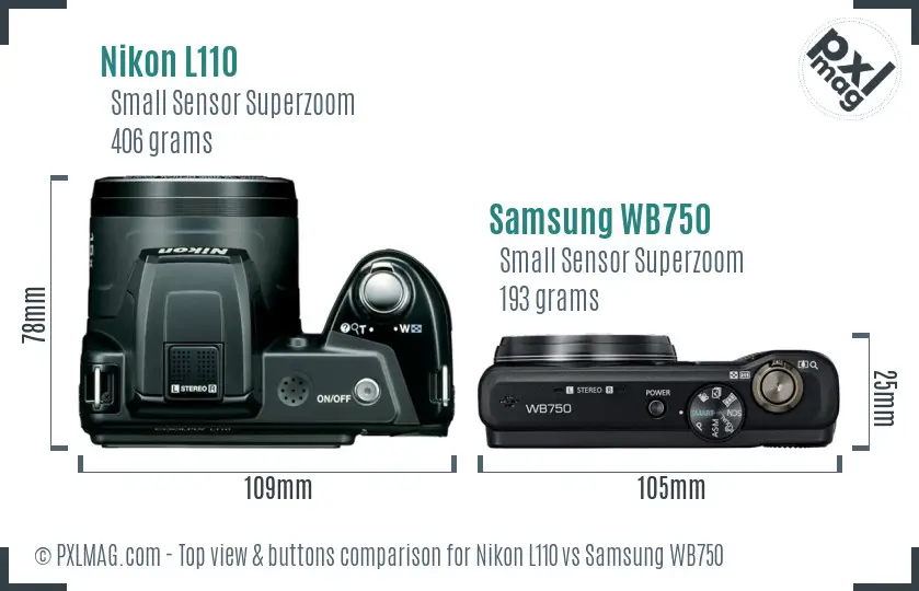 Nikon L110 vs Samsung WB750 top view buttons comparison Nikon L110 vs Samsung WB750 top view buttons comparison