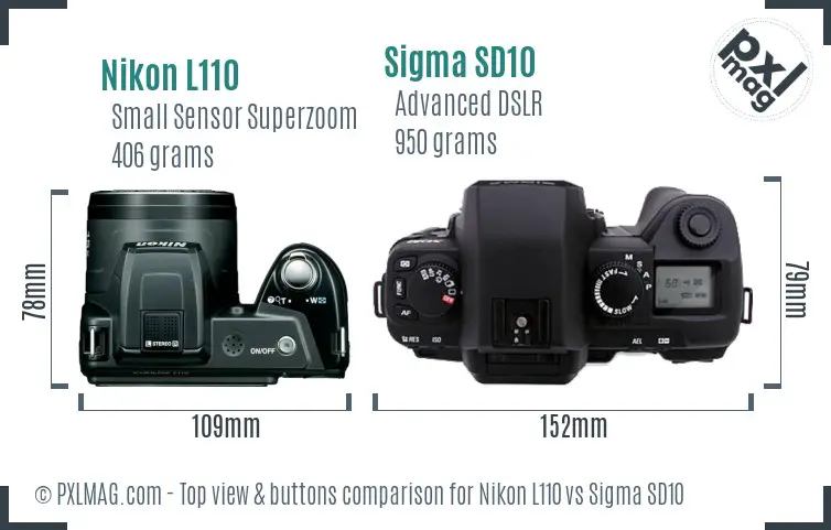Nikon L110 vs Sigma SD10 top view buttons comparison