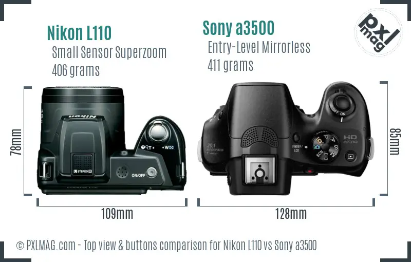 Nikon L110 vs Sony a3500 top view buttons comparison