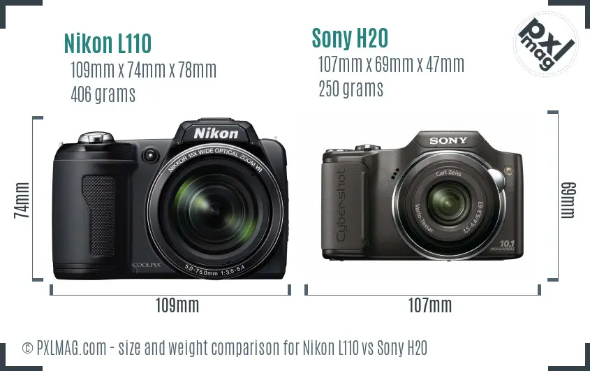 Nikon L110 vs Sony H20 size comparison