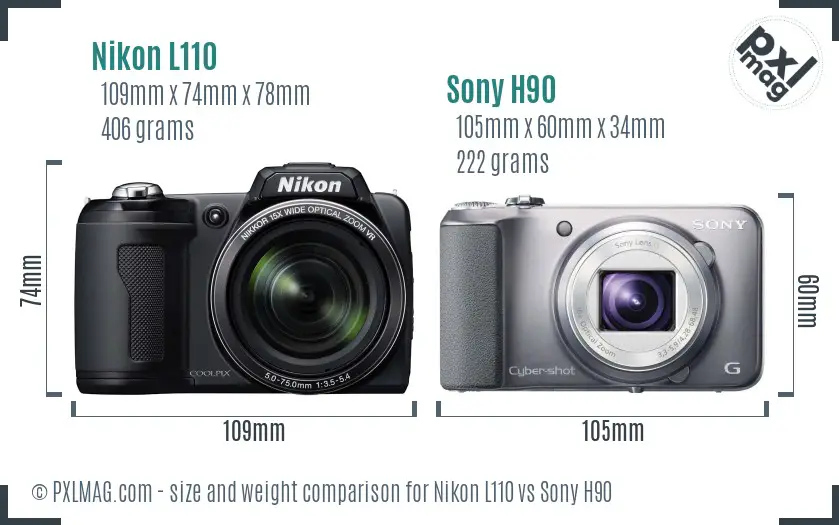 Nikon L110 vs Sony H90 size comparison