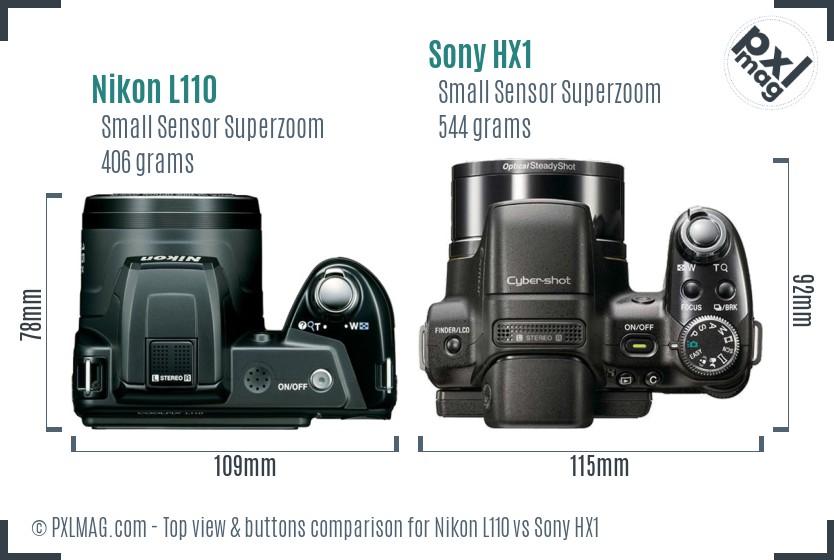 Nikon L110 vs Sony HX1 top view buttons comparison