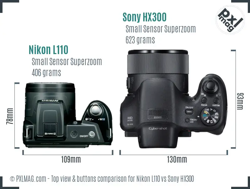 Nikon L110 vs Sony HX300 top view buttons comparison