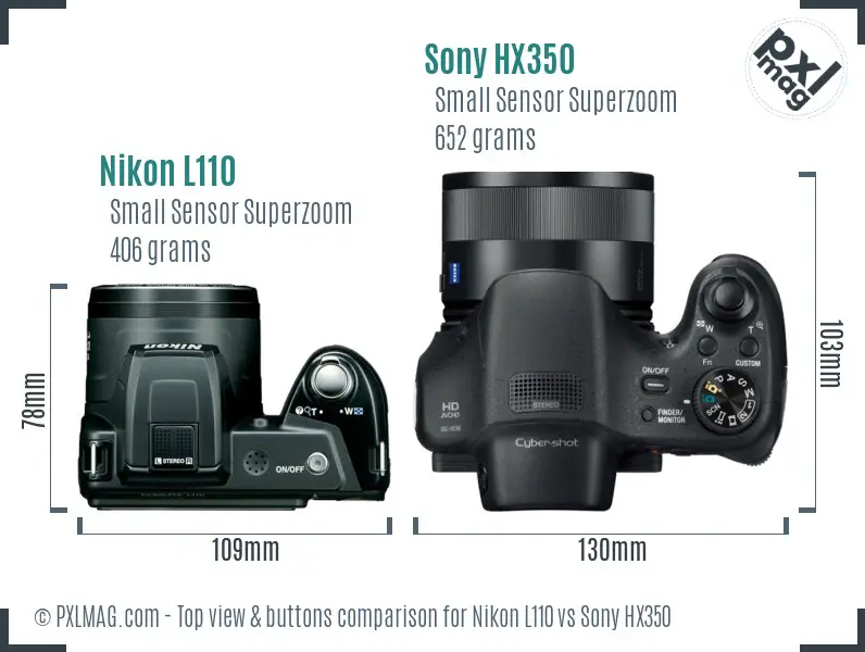 Nikon L110 vs Sony HX350 top view buttons comparison