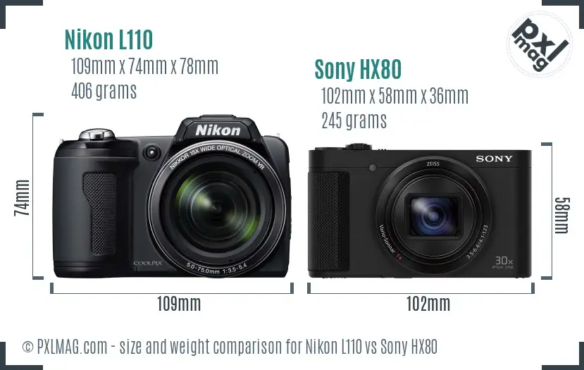 Nikon L110 vs Sony HX80 size comparison