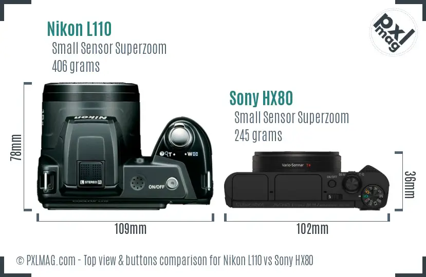 Nikon L110 vs Sony HX80 top view buttons comparison