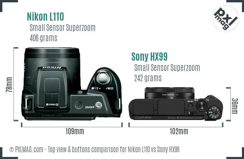 Nikon L110 vs Sony HX99 top view buttons comparison
