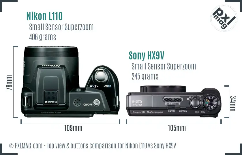 Nikon L110 vs Sony HX9V top view buttons comparison