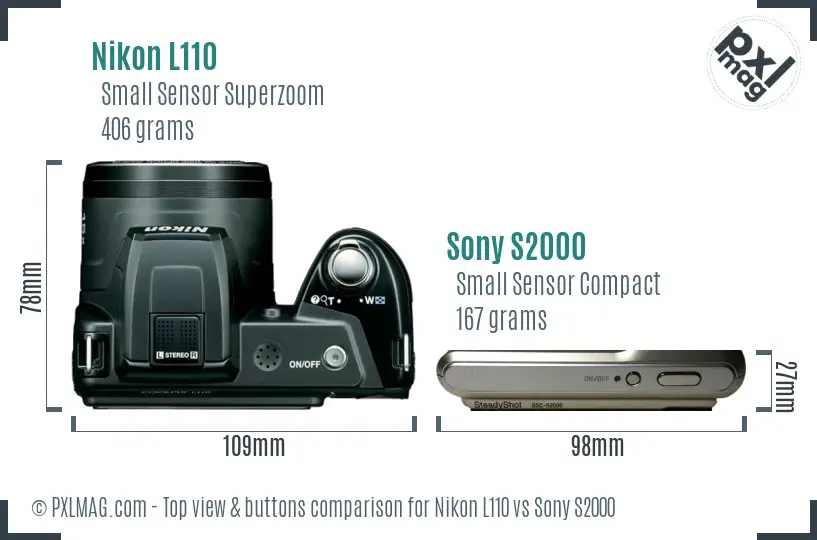 Nikon L110 vs Sony S2000 top view buttons comparison Nikon L110 vs Sony S2000 top view buttons comparison