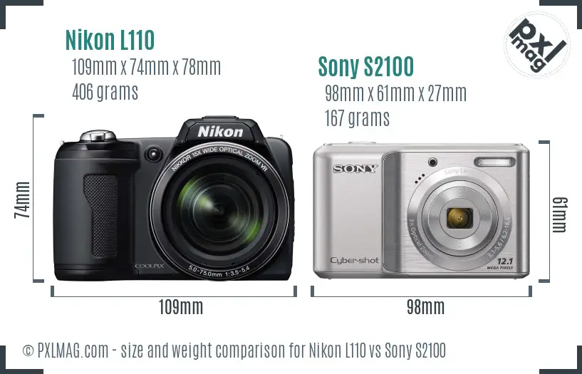 Nikon L110 vs Sony S2100 size comparison