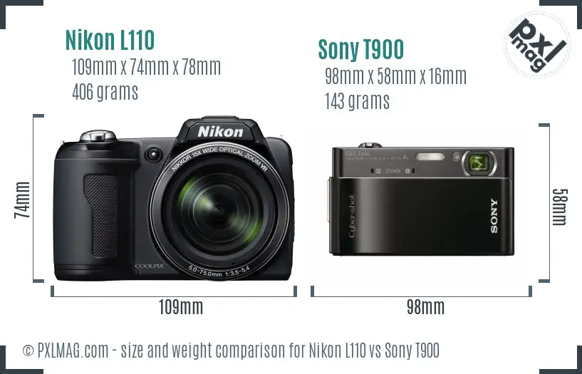 Nikon L110 vs Sony T900 size comparison