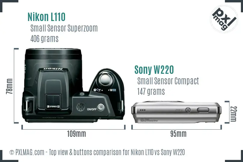 Nikon L110 vs Sony W220 top view buttons comparison