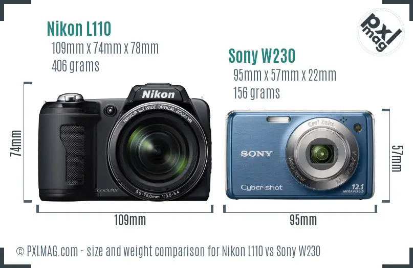 Nikon L110 vs Sony W230 size comparison