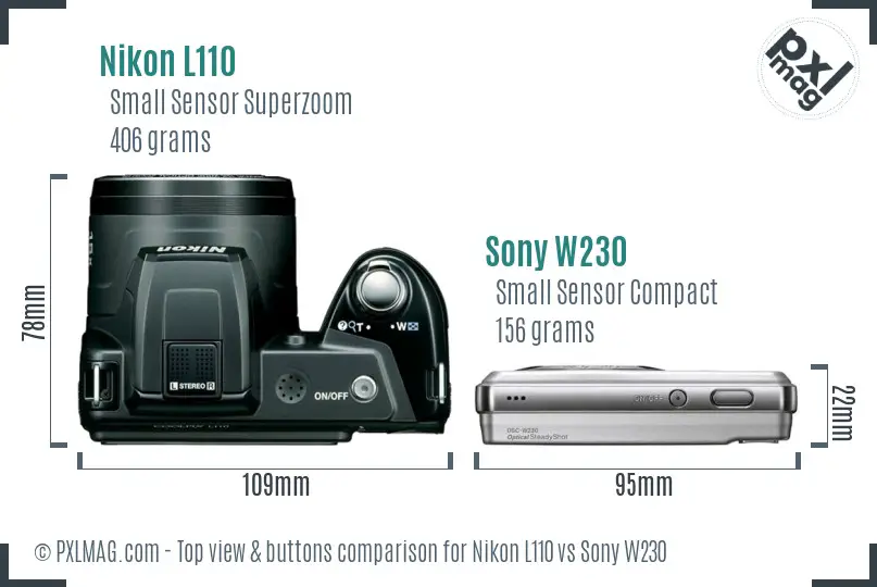 Nikon L110 vs Sony W230 top view buttons comparison