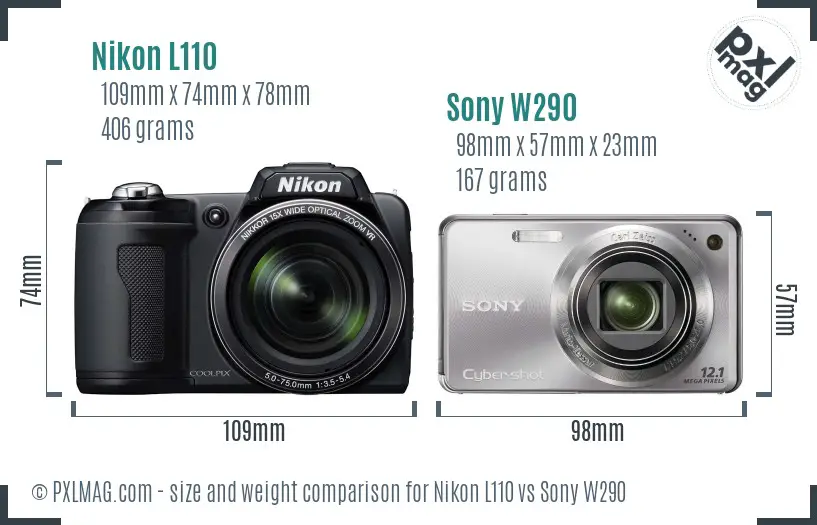 Nikon L110 vs Sony W290 size comparison