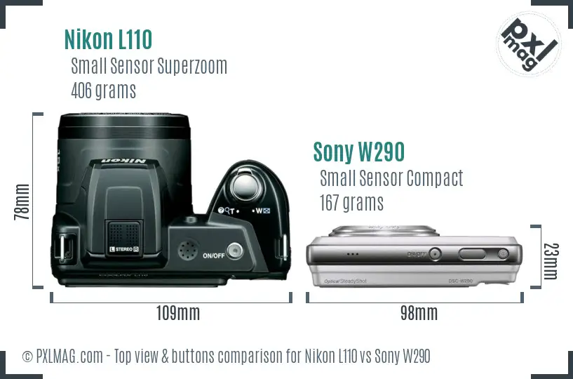 Nikon L110 vs Sony W290 top view buttons comparison