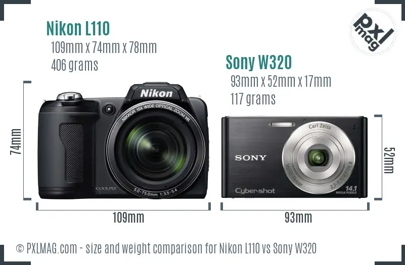 Nikon L110 vs Sony W320 size comparison