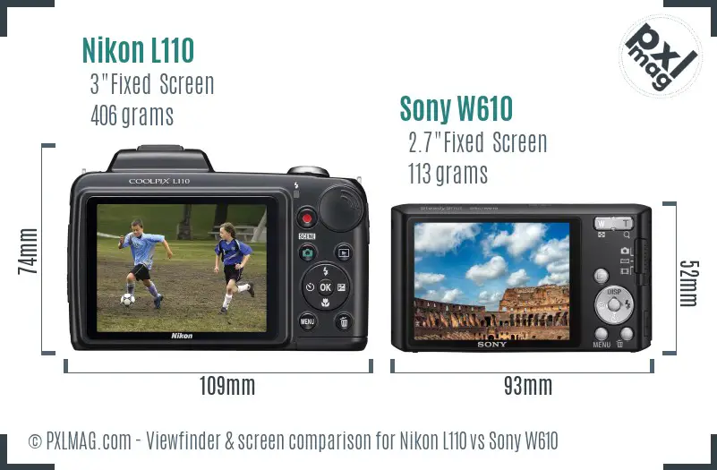 Nikon L110 vs Sony W610 Screen and Viewfinder comparison