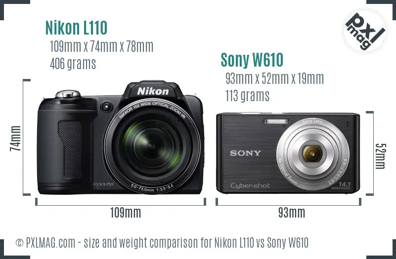 Nikon L110 vs Sony W610 size comparison