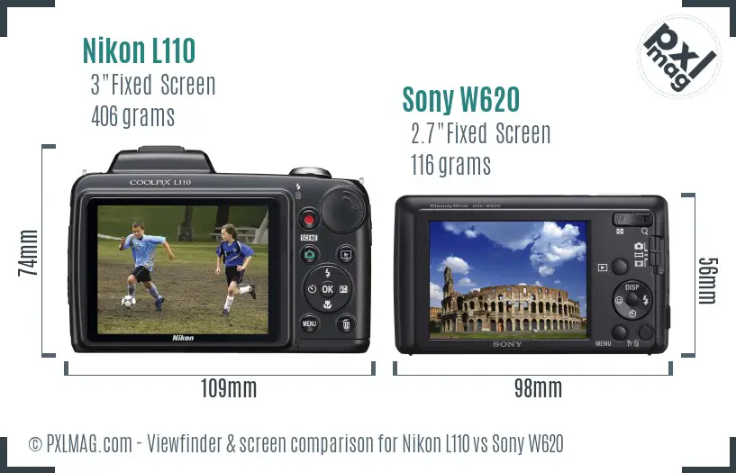 Nikon L110 vs Sony W620 Screen and Viewfinder comparison