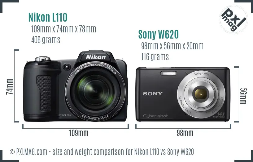 Nikon L110 vs Sony W620 size comparison