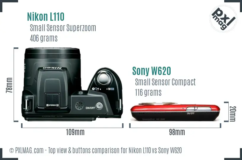 Nikon L110 vs Sony W620 top view buttons comparison