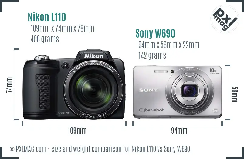 Nikon L110 vs Sony W690 size comparison