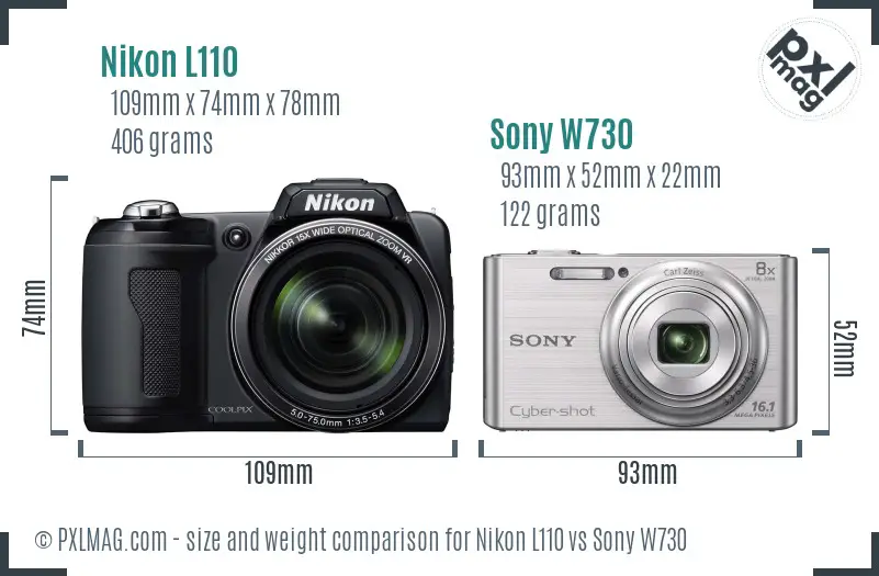 Nikon L110 vs Sony W730 size comparison