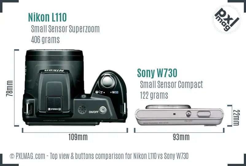 Nikon L110 vs Sony W730 top view buttons comparison