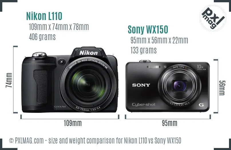 Nikon L110 vs Sony WX150 size comparison
