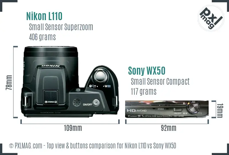 Nikon L110 vs Sony WX50 top view buttons comparison