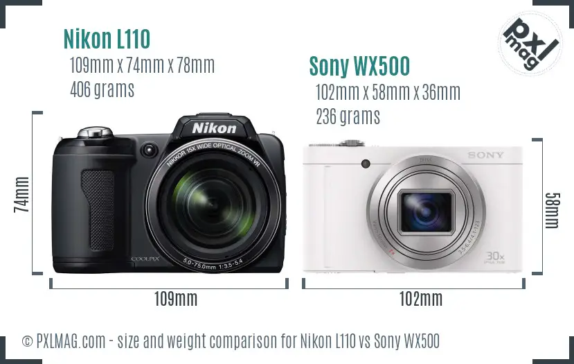 Nikon L110 vs Sony WX500 size comparison