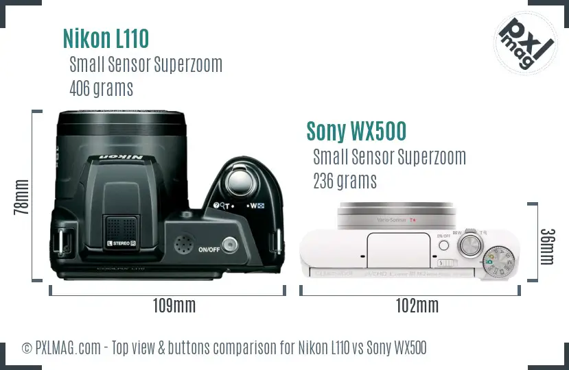 Nikon L110 vs Sony WX500 top view buttons comparison