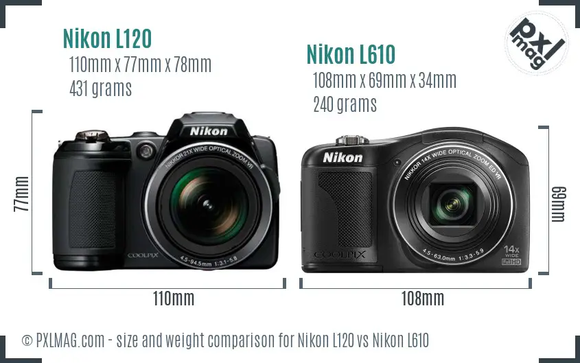 Nikon L120 vs Nikon L610 size comparison