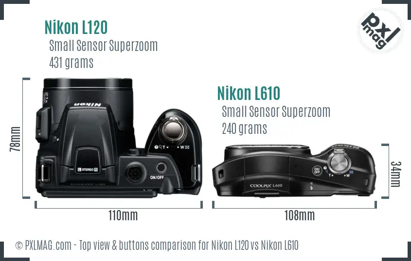 Nikon L120 vs Nikon L610 top view buttons comparison