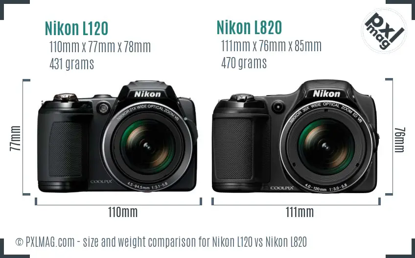 Nikon L120 vs Nikon L820 size comparison
